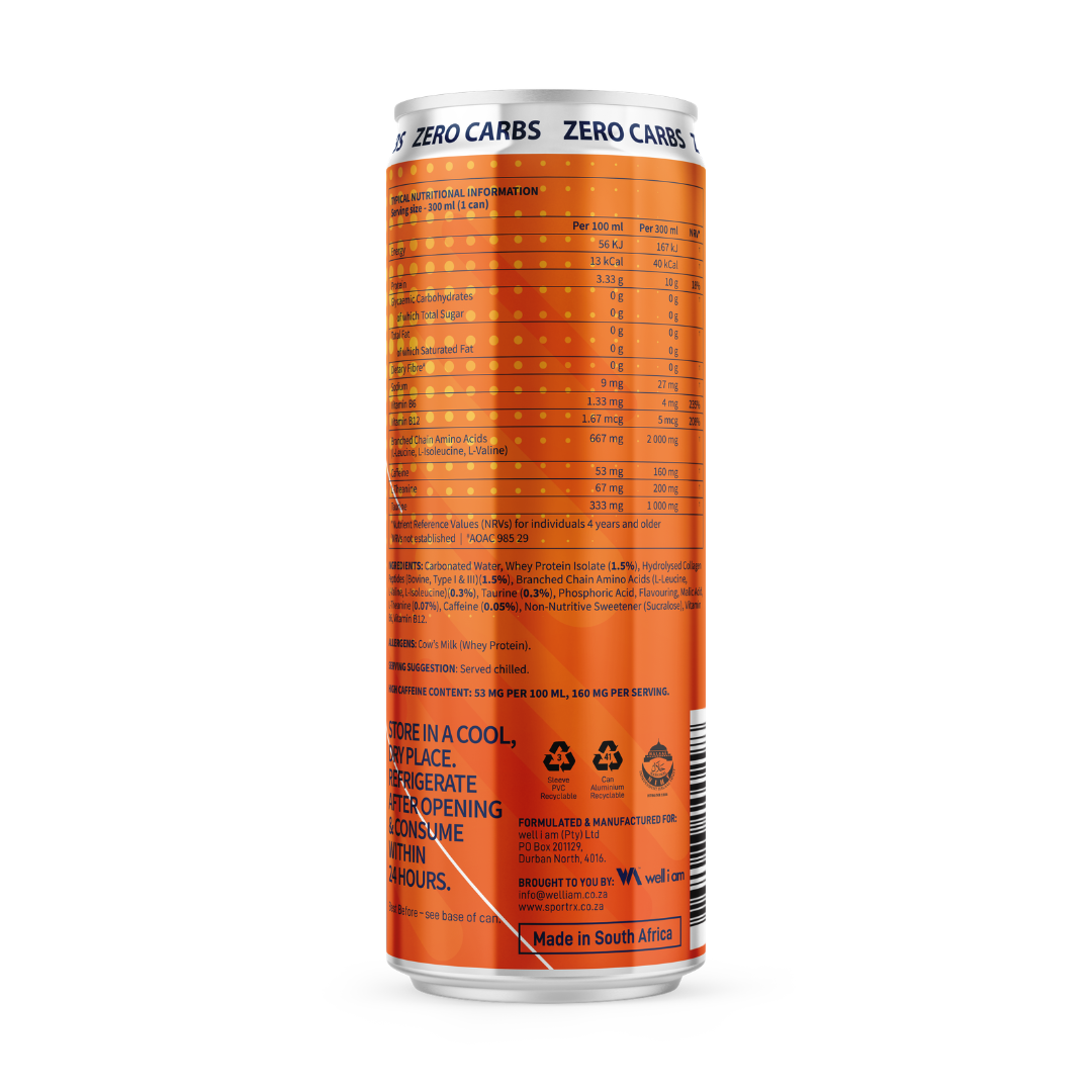Orange energy drink can with nutritional information on a white background