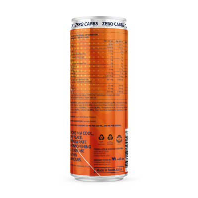 Orange energy drink can with nutritional information on a white background