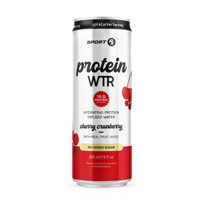 Protein-infused water can with cherry cranberry flavor on a white background