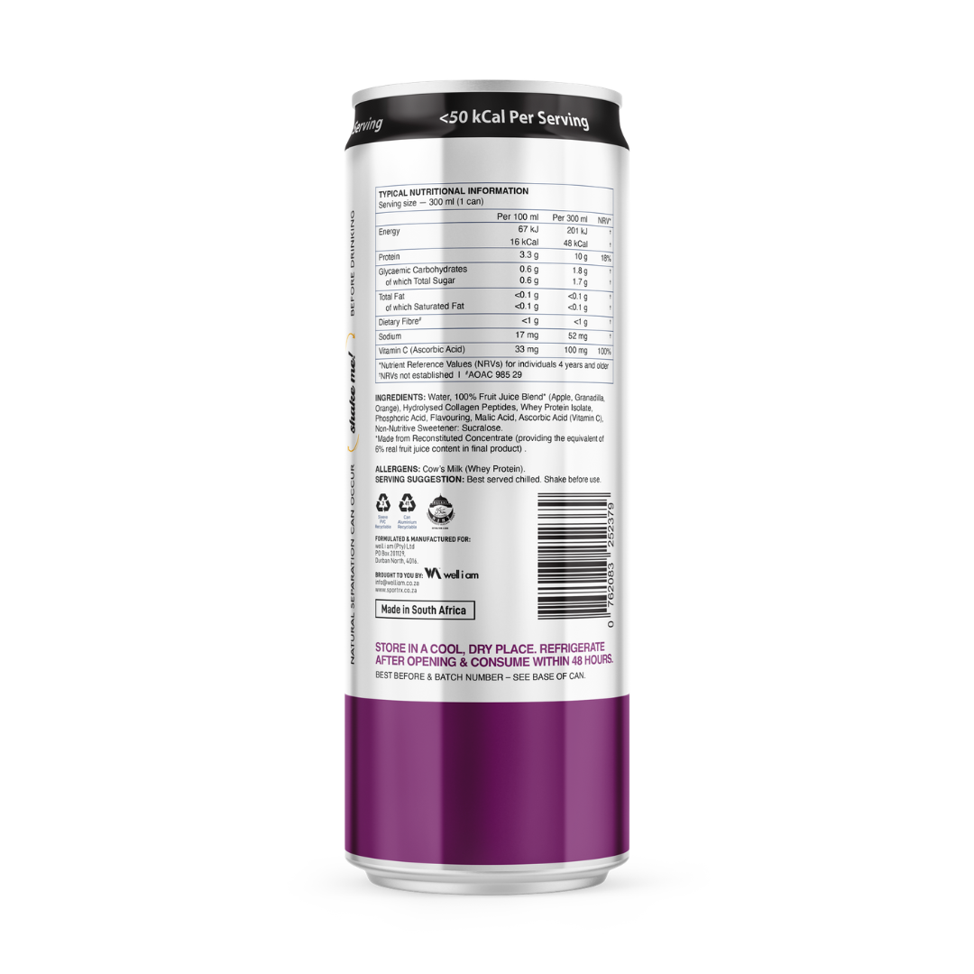 Nutritional label on a supplement container with purple and white design.