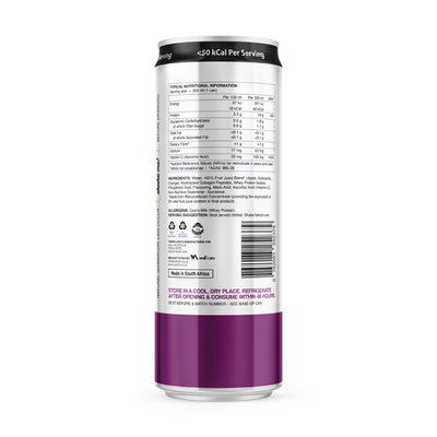 Nutritional label on a supplement container with purple and white design.