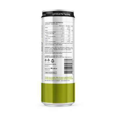 Nutritional label on a green and white container with text and icons.