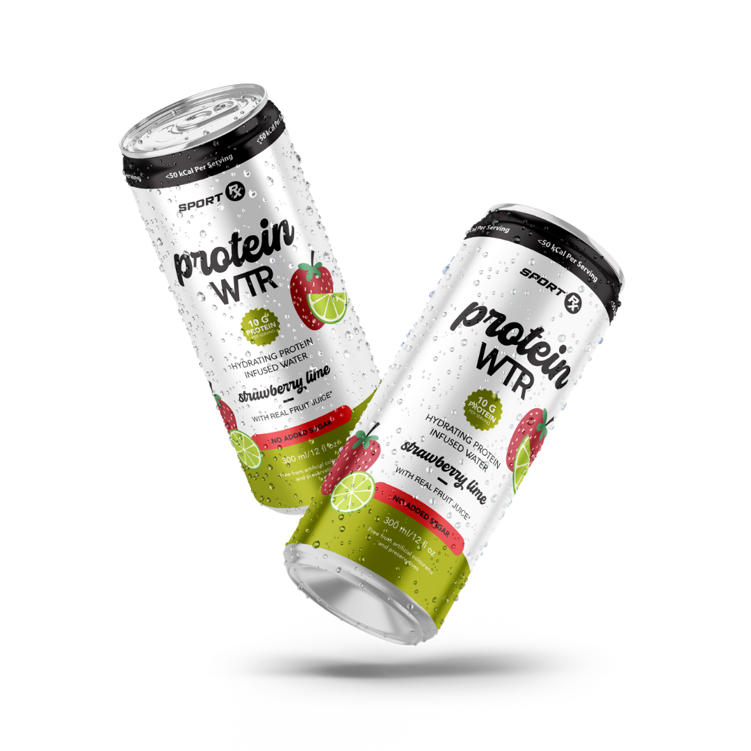 Two cans of Sport Protein WTR Strawberry Lime flavor on a white background