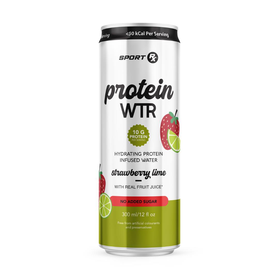 Protein-infused water can with strawberry lime flavor on a white background