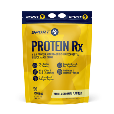Yellow package of Sport Rx Protein Rx on a white background