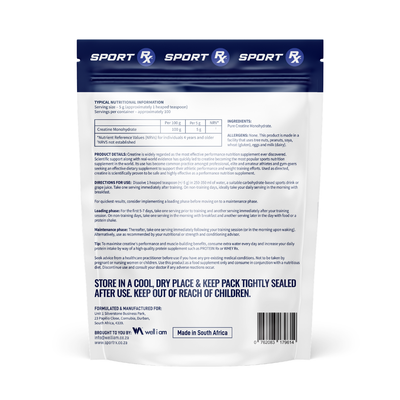 Back view of a Sport RX supplement package with text and branding.
