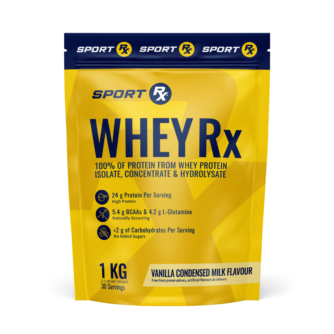 Whey protein package with Sport RX branding on a white background