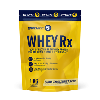 Whey protein package with Sport RX branding on a white background