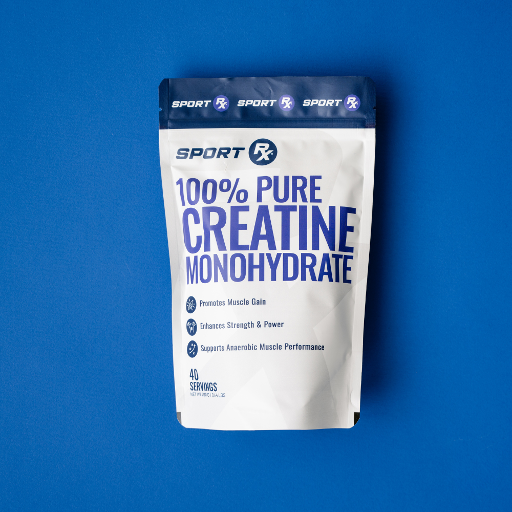 Package of Sport Rx 100% Pure Creatine Monohydrate on a blue background