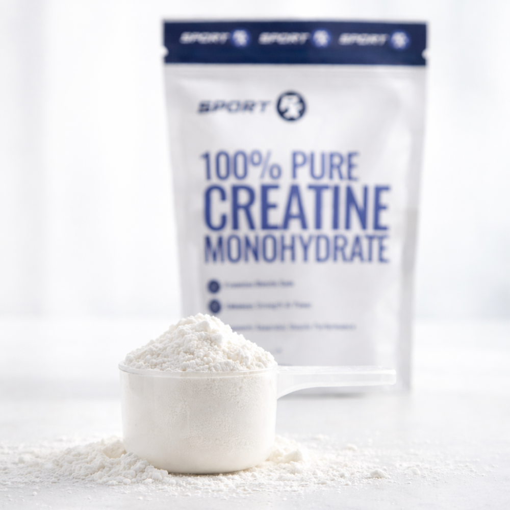 Bag of 100% Pure Creatine Monohydrate with a scoop of powder in front on a white background