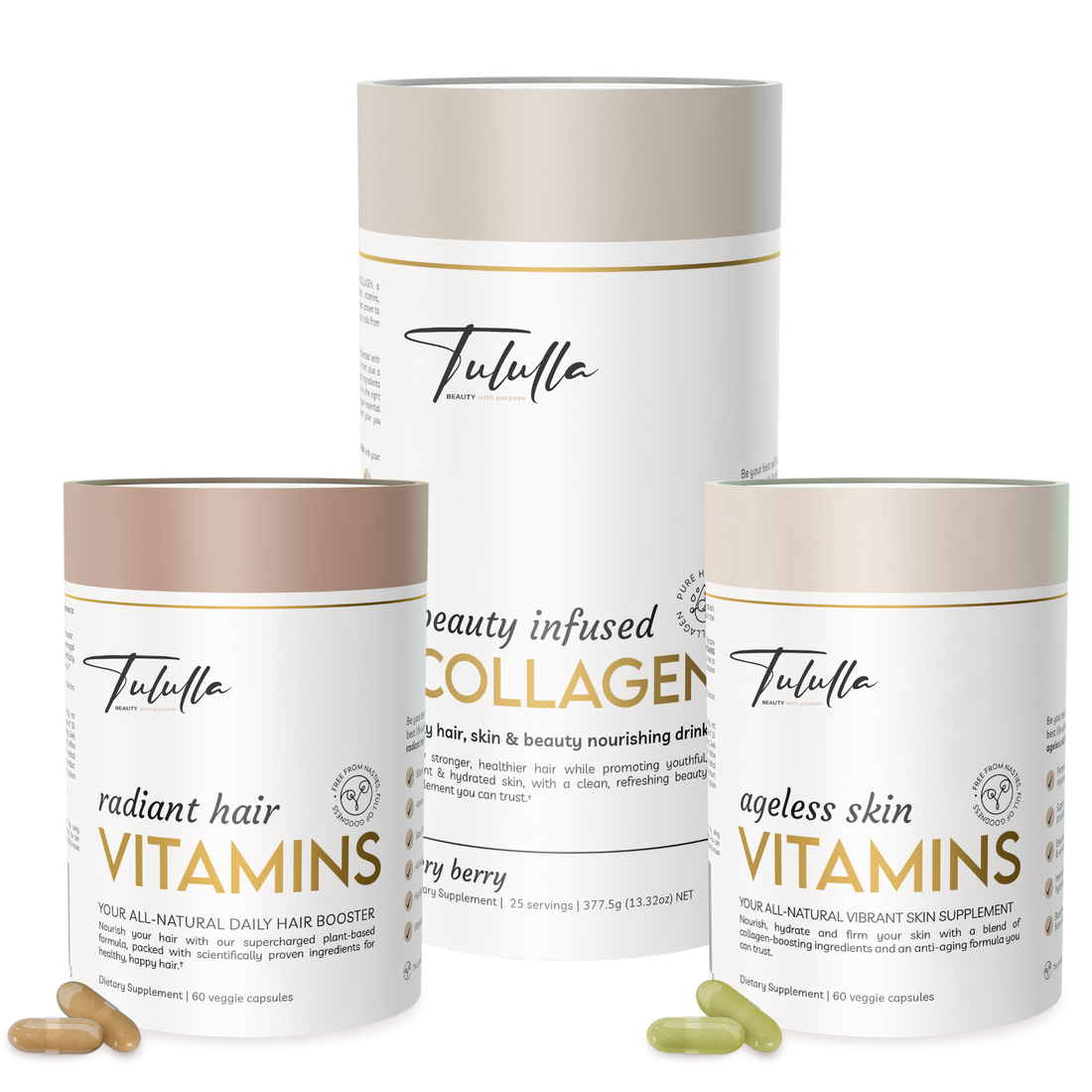 Tululla Beauty Bundle, Agless skin vitamins, Radiant Hair Vitamins, Beauty infused collagen.