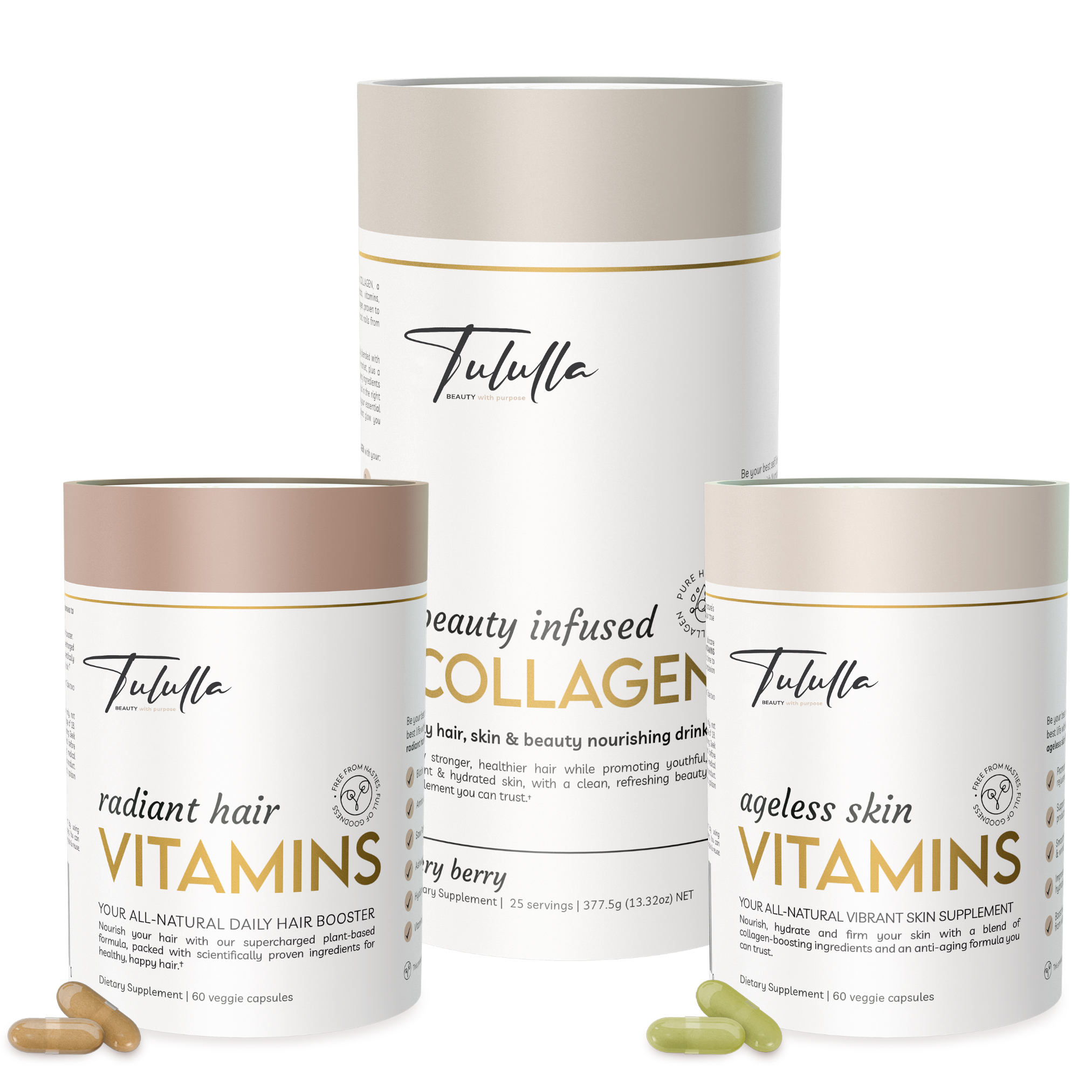 Tululla Beauty Bundle, Agless skin vitamins, Radiant Hair Vitamins, Beauty infused collagen.