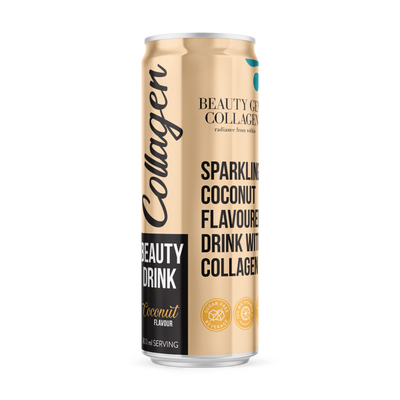 Collagen beauty drink can with coconut flavor on a white background